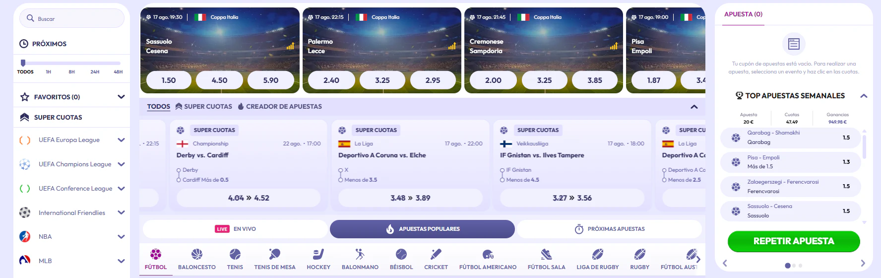 Opciones de apuestas en deportes y eSports ofrecidas por Infinity Casino